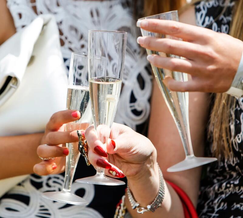 Racegoers toasting glasses.