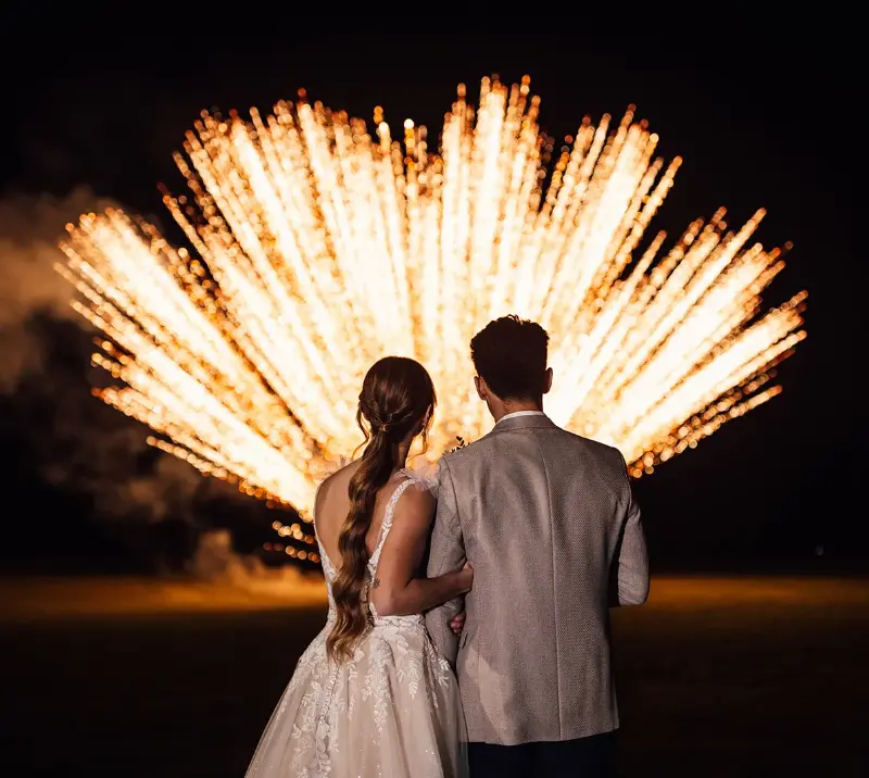 Newlyweds looking at a firework display.
