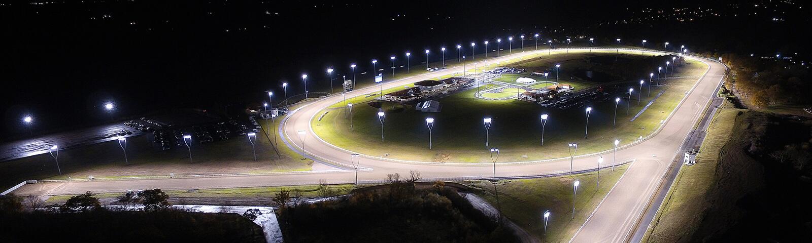 Aerial view of the Chelmsford Racecourse at night.